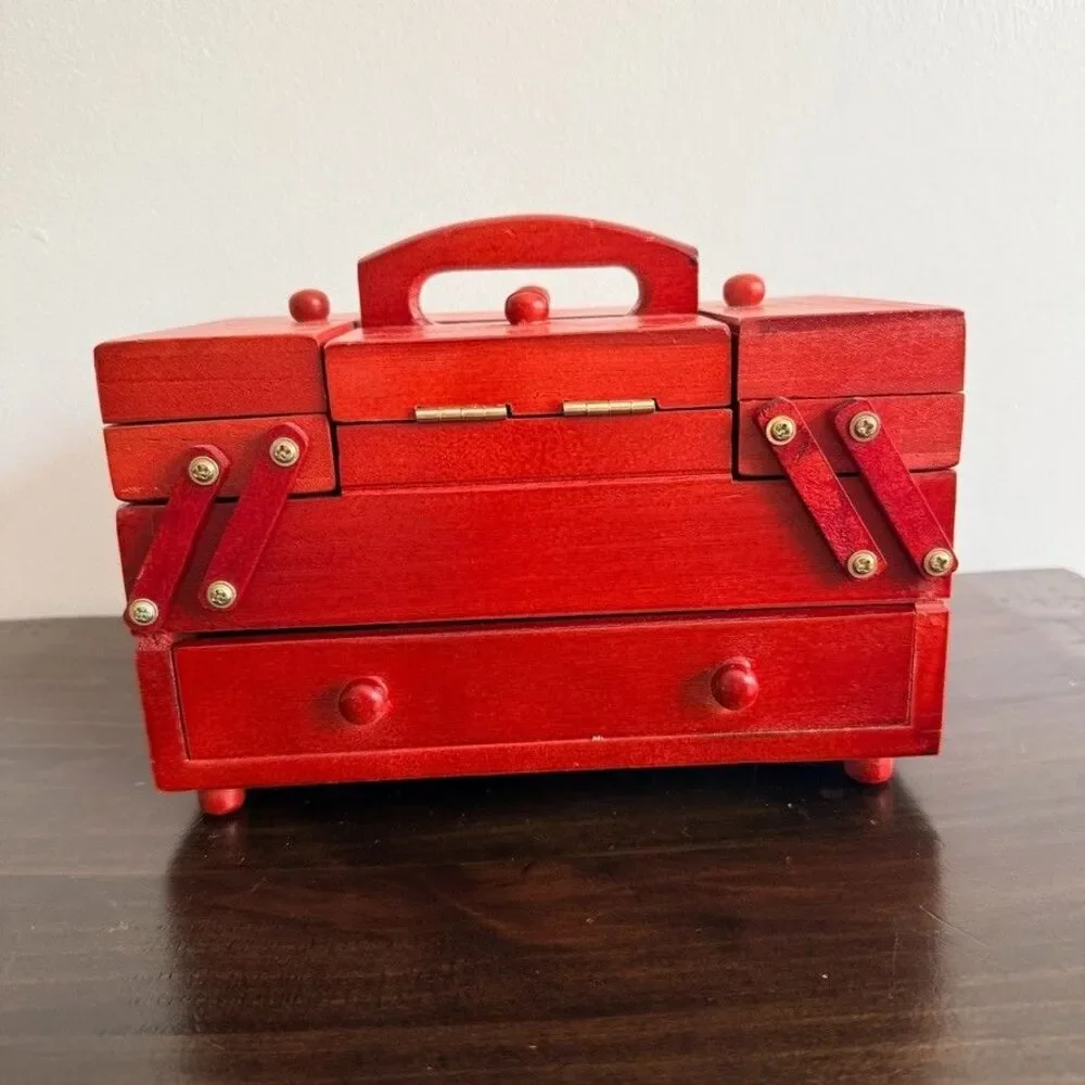 Vintage Red Wooden 2 Tier Cantilever/Accordion Sewing Kit w/feet includes thread